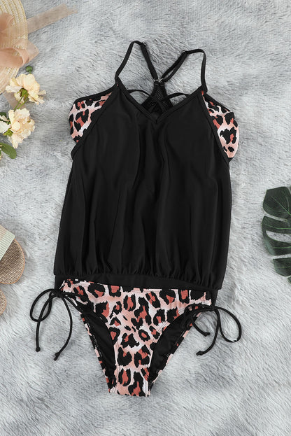 Chic leopard print tankini with striped accents