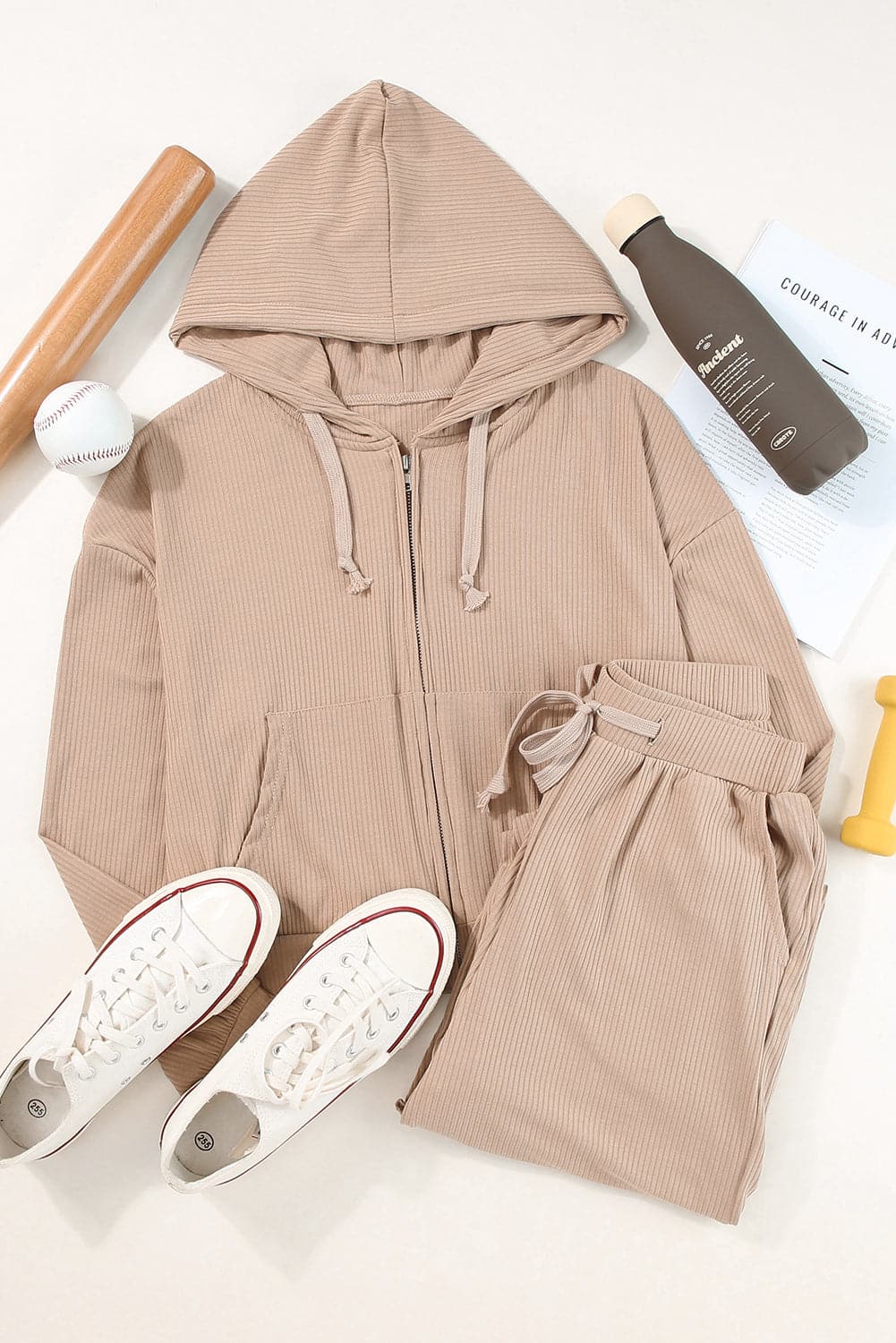 Drawstring Zip Up Hoodie and Pants Active Set.