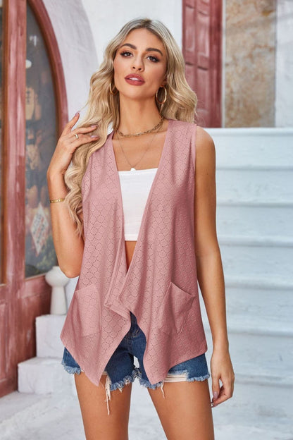 Eyelet Open Front Sleeveless Cardigan.