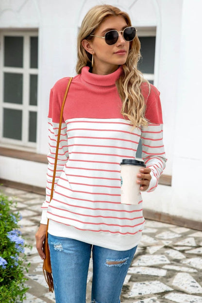 Striped Contrast Turtleneck Sweater.