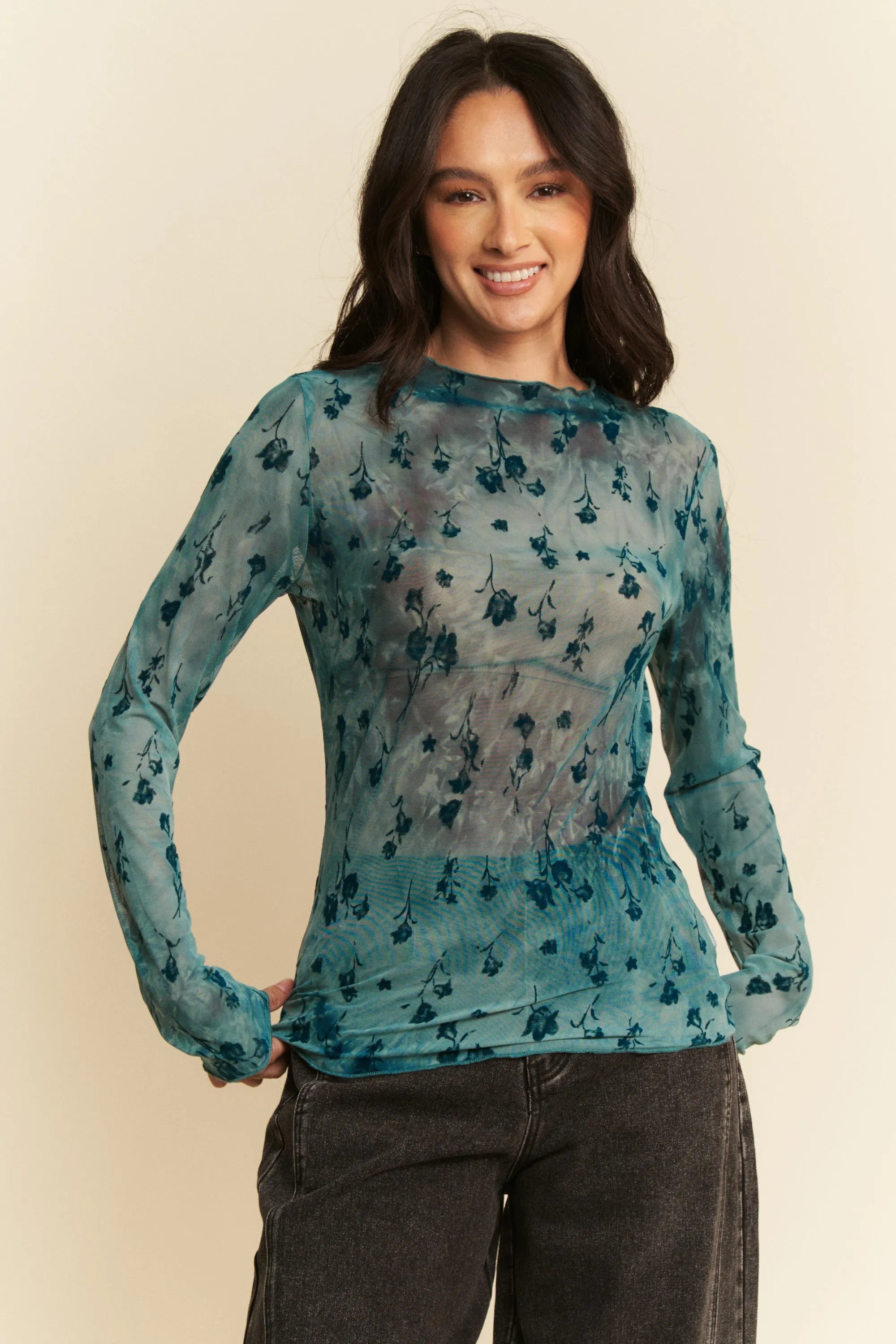 Davi & Dani Floral Mesh Long Sleeve Sheer Layering Top - Love Salve 