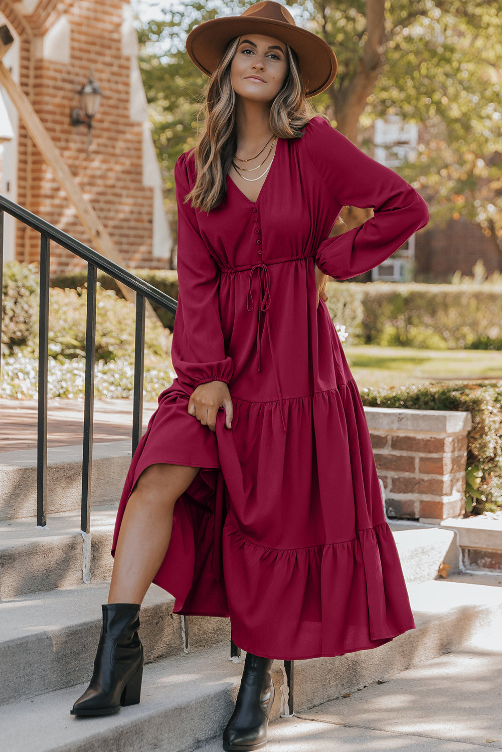 Burgundy Solid Long Sleeve Button Front V Neck Tiered Maxi Dress For Women Dear-Lover Dropshipping