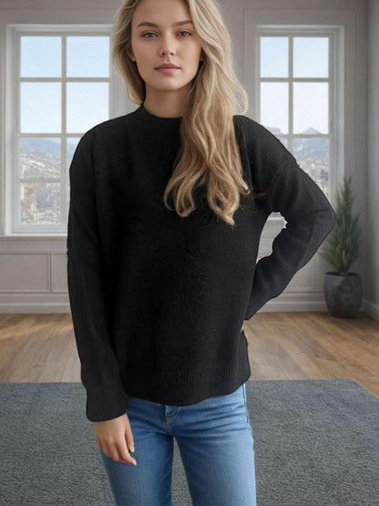 Round Neck Drop Shoulder Long Sleeve Sweater