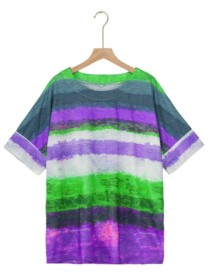 Full Size Color Block Round Neck Half Sleeve T-Shirt.