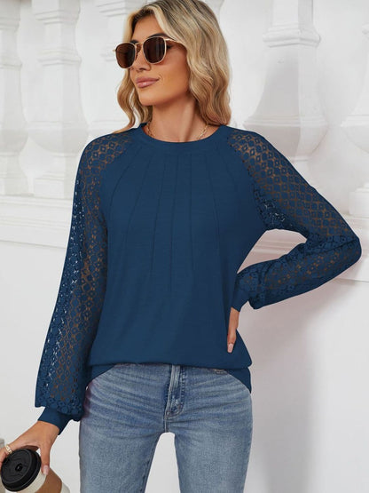 Round Neck Lace Long Sleeve Top.