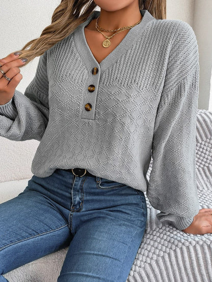 Chic half-button v-neck long sleeve knit pullover