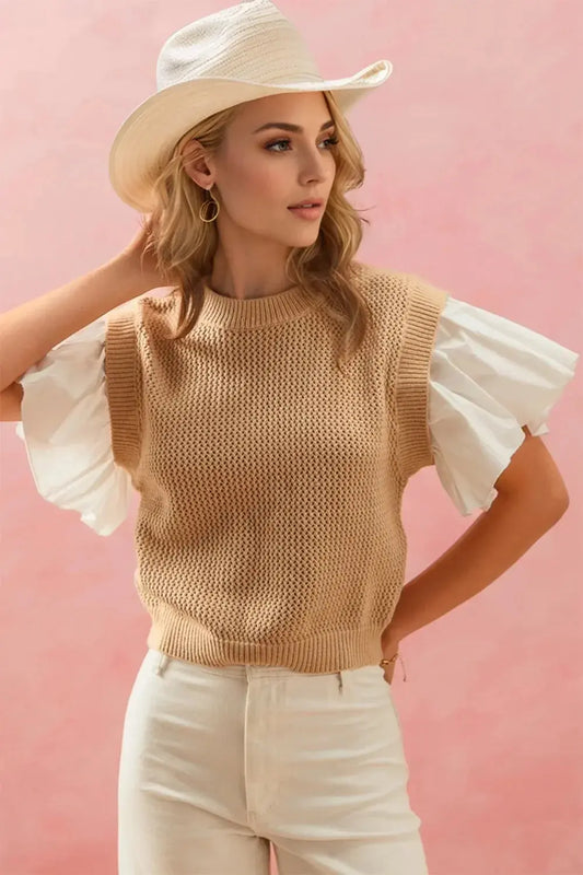 Oh Full Size Ruffled Round Neck Short Sleeve Sweater - Love Salve