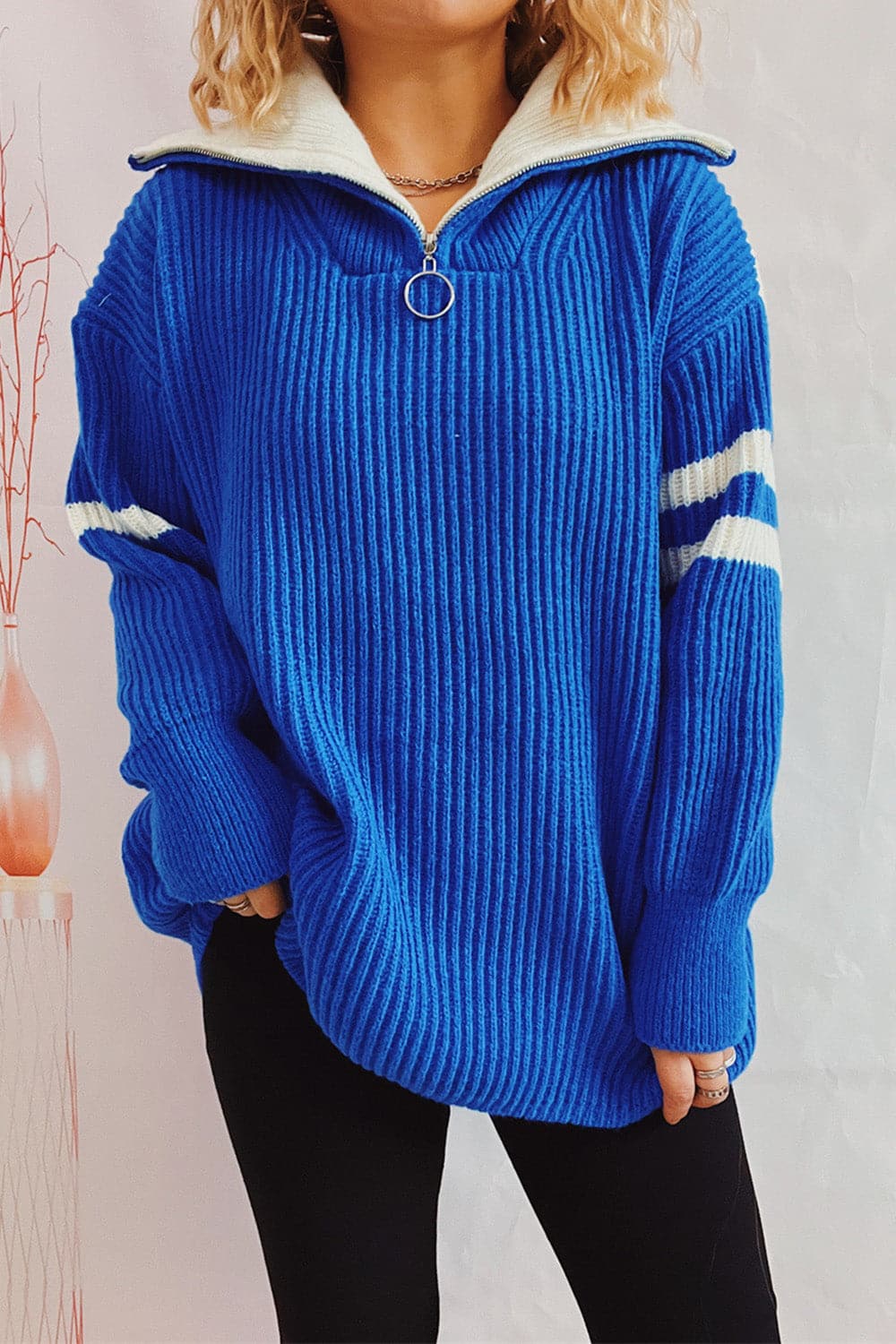 Quarter Zip Striped Dropped Shoulder Sweater.