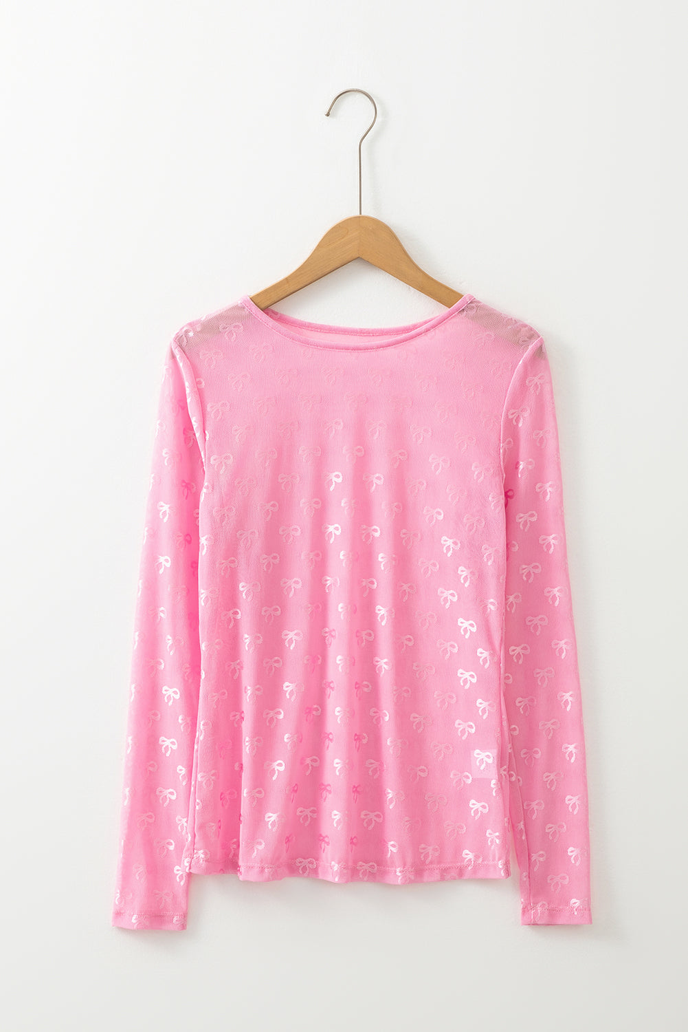 Pink Mesh Bow Pattern Long Sleeve Top for Stylish Women
