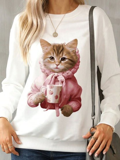 Cat Round Neck Long Sleeve Sweatshirt