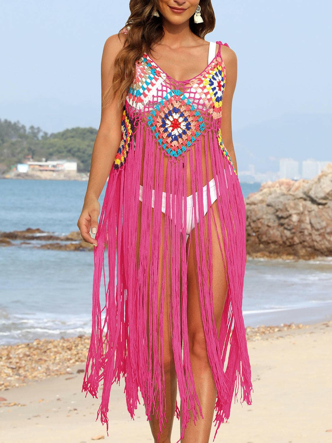 Fringed Sheer Spaghetti Strap Beach Cover-Up.