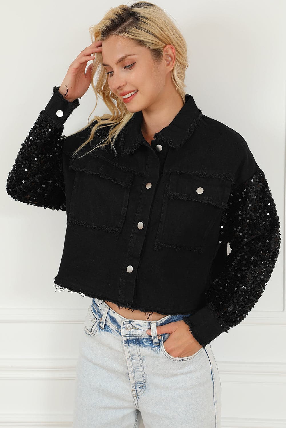 Sequin Button Up Raw Hem Denim Jacket.