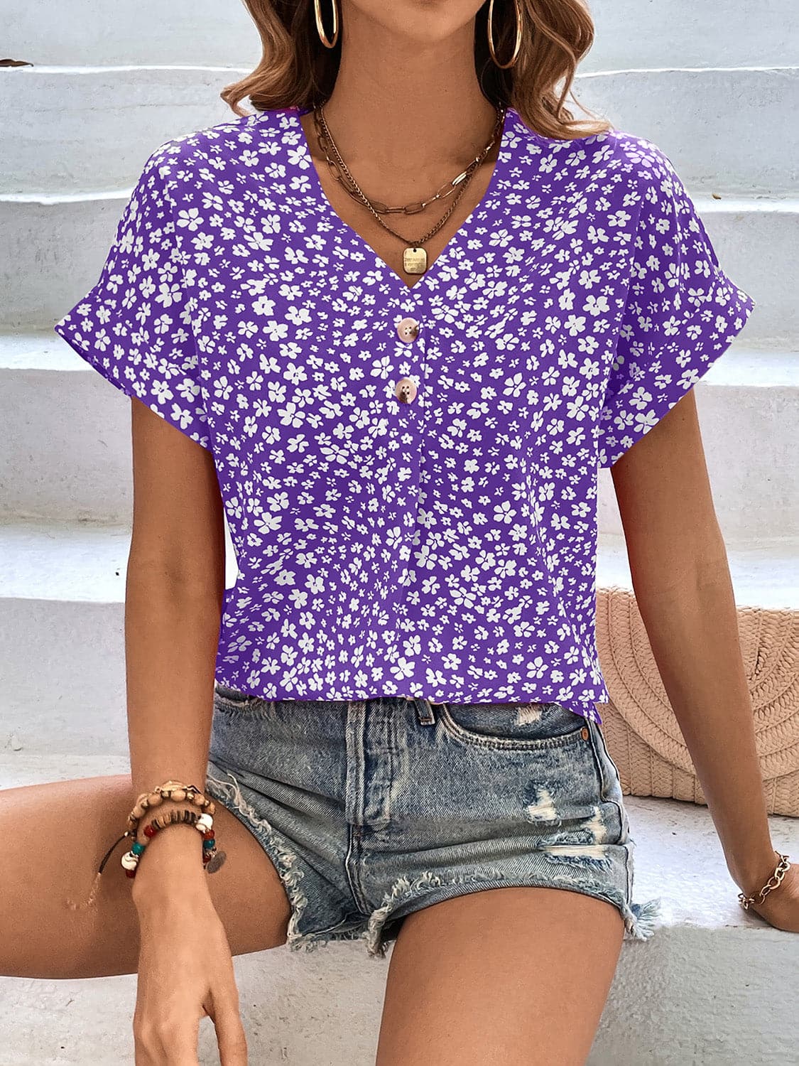 Printed V-Neck Short Sleeve Blouse.