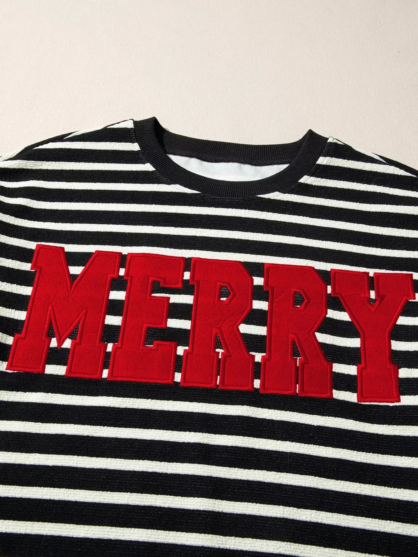 Striped Christmas Sweatshirt With Red Merry Letter Print Drop Shoulder Simply Love