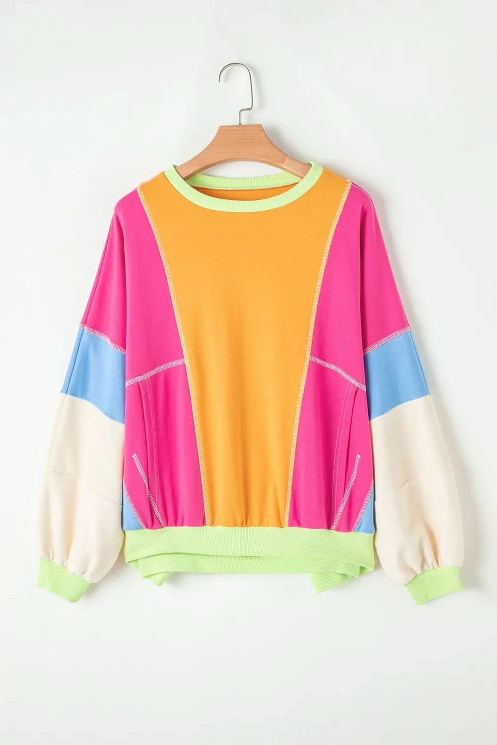 Chic color block long sleeve top with pockets