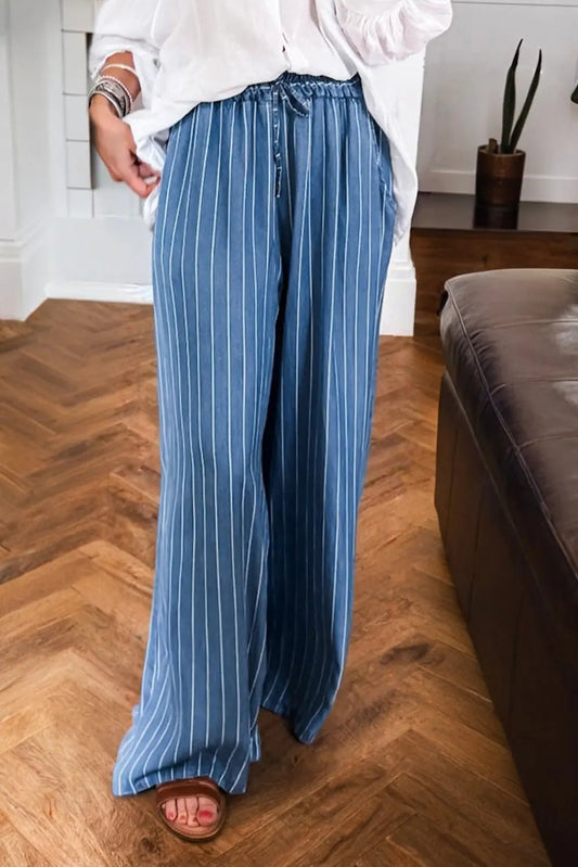 Premium Blue Stripe Chambray Wide Leg Tied Elastic Waist Trousers Dear-Lover Dropshipping