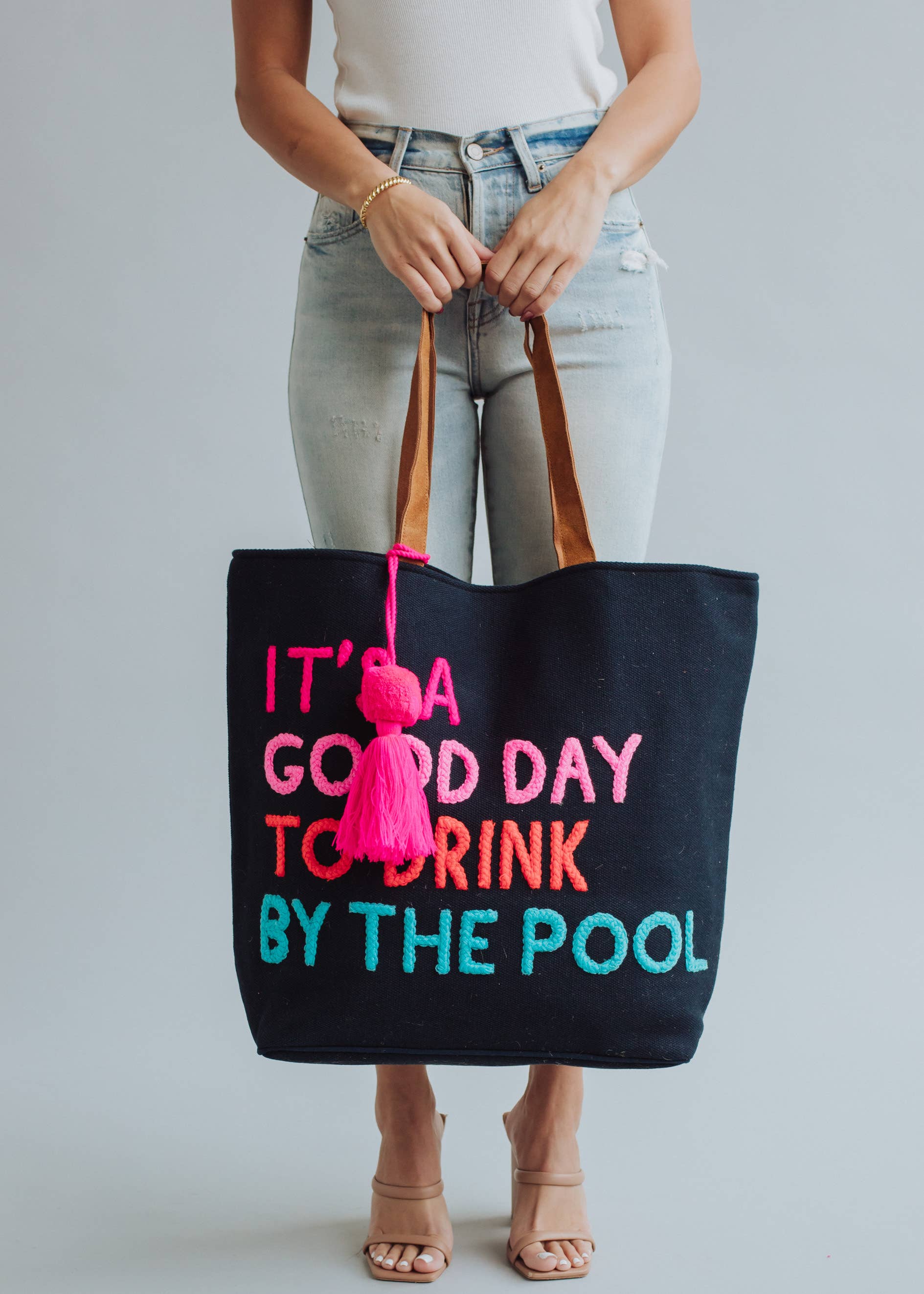 Navy Poolside Tote With Multicolor Poolside Quote Design Fitkitty Culture Athleisure Wear, Yoga Wear & Women's Clothing