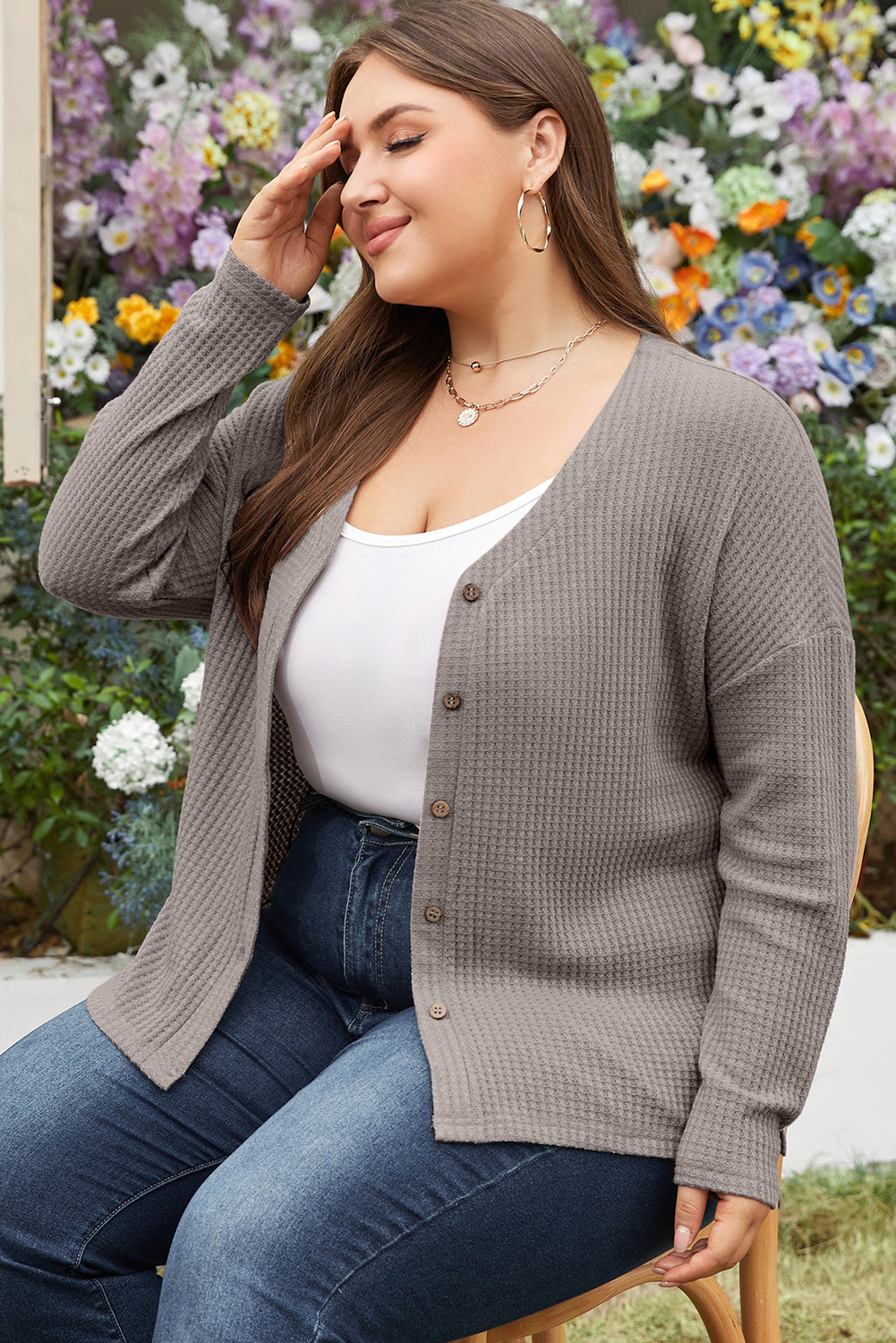 Cozy taupe waffle knit plus size V-neck top with button details