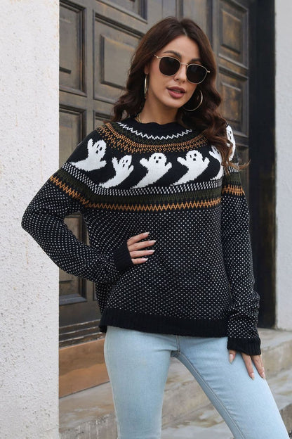 Halloween-themed ribbed pullover sweater with long sleeves