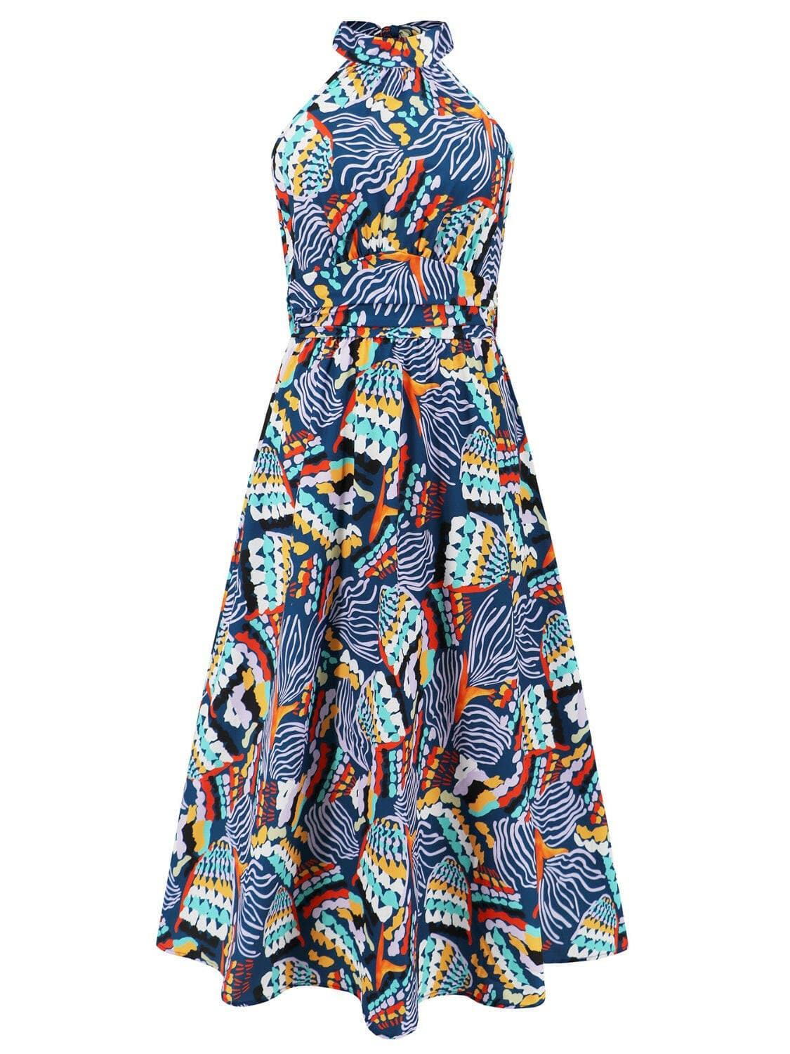 Ruched Printed Halter Neck Sleeveless Dress.