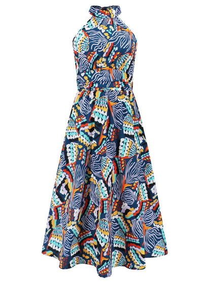 Ruched Printed Halter Neck Sleeveless Dress.