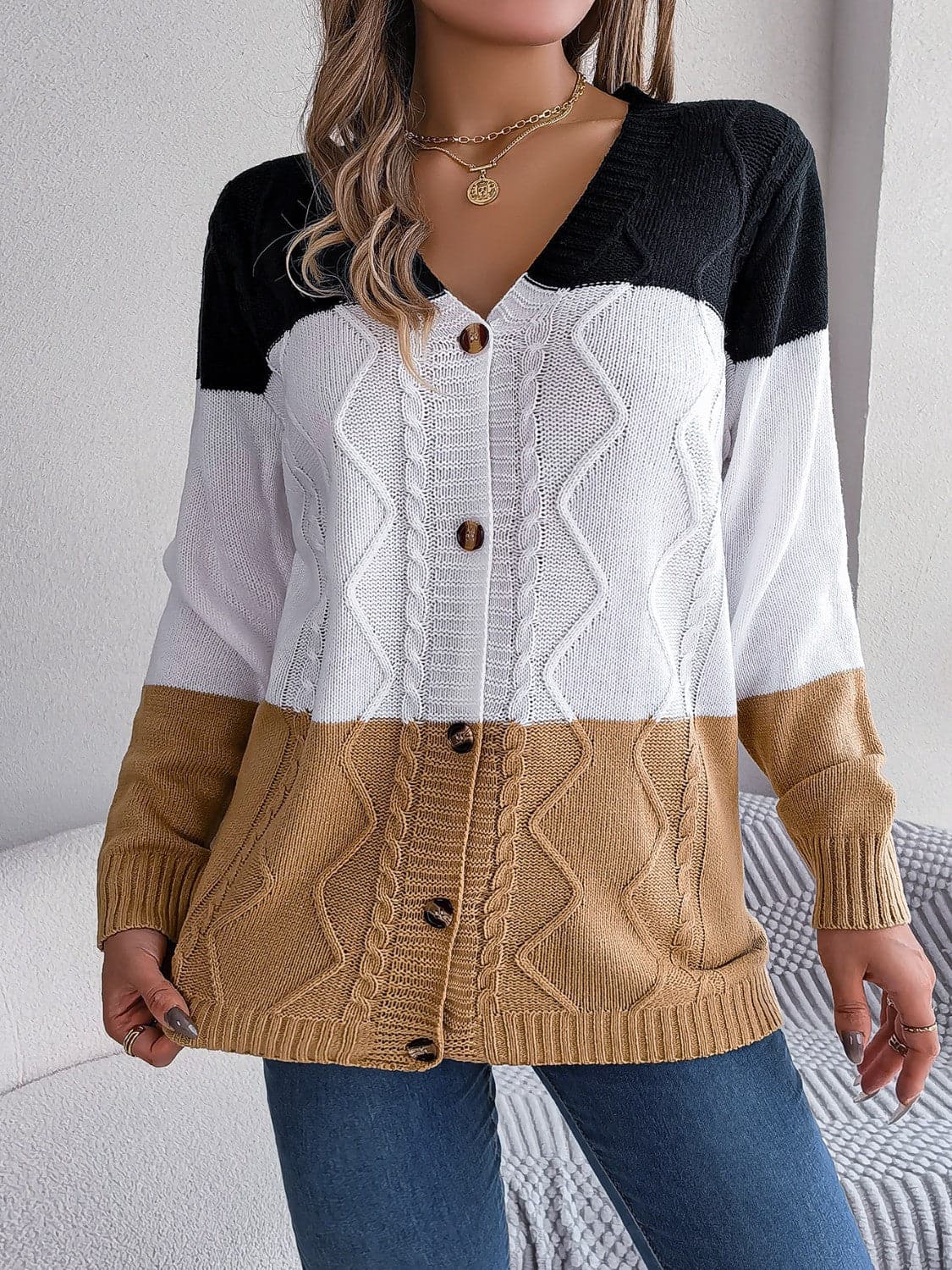 Cable-Knit Striped Button Up Cardigan.