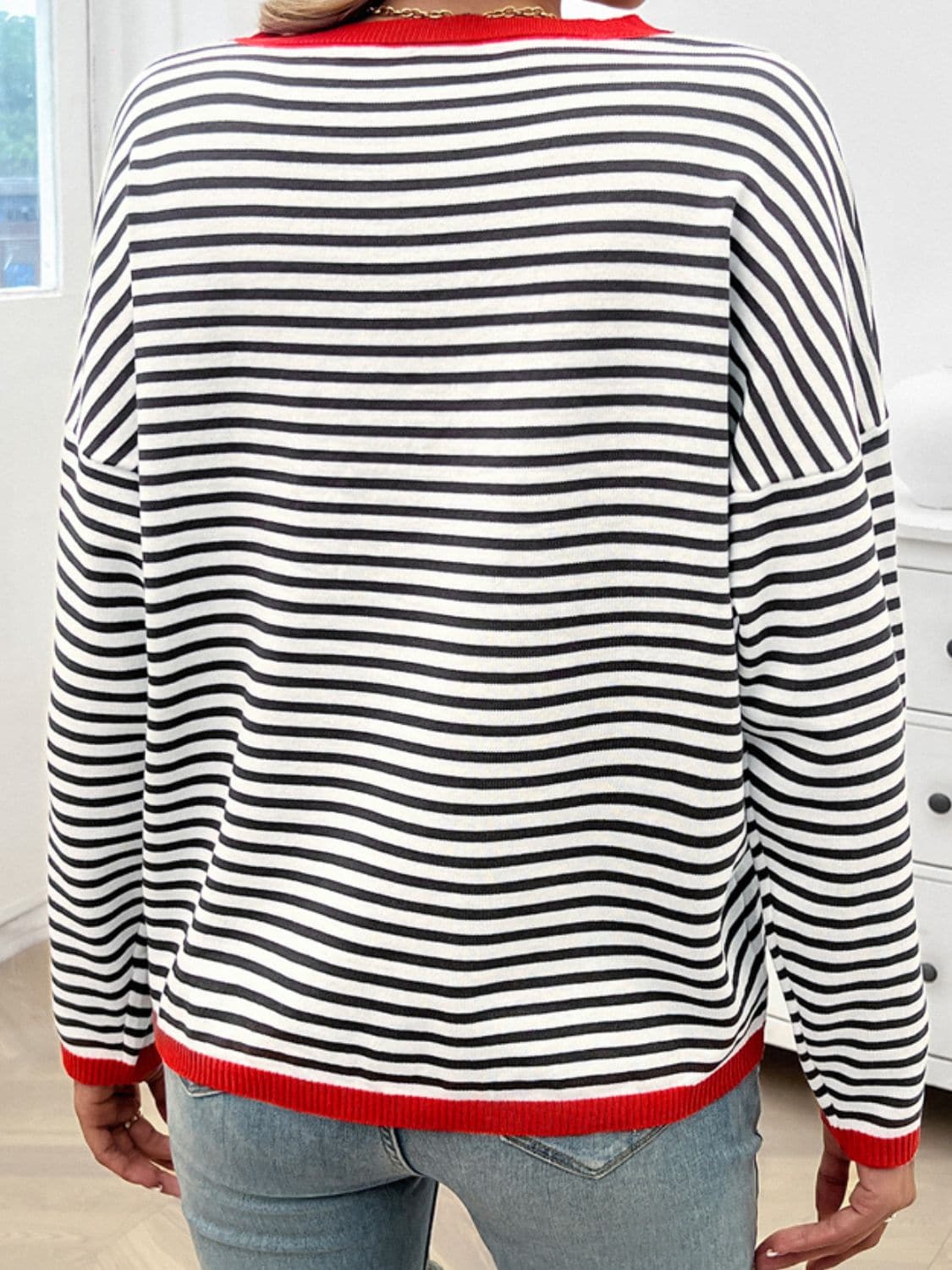 Striped Round Neck Dropped Shoulder Sweater.