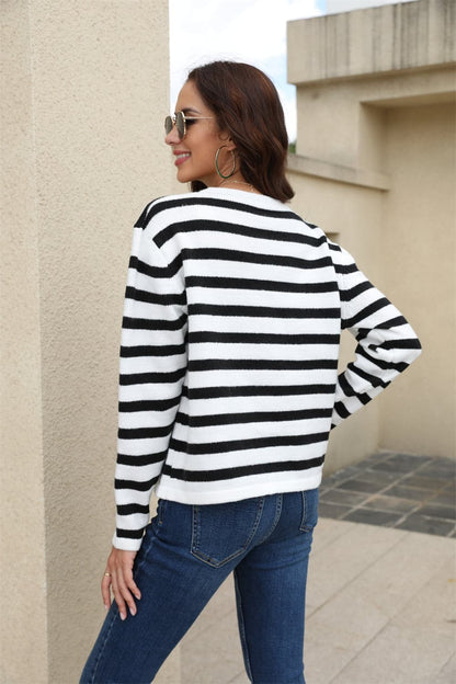 Striped Round Neck Button-Down Dropped Shoulder Cardigan.