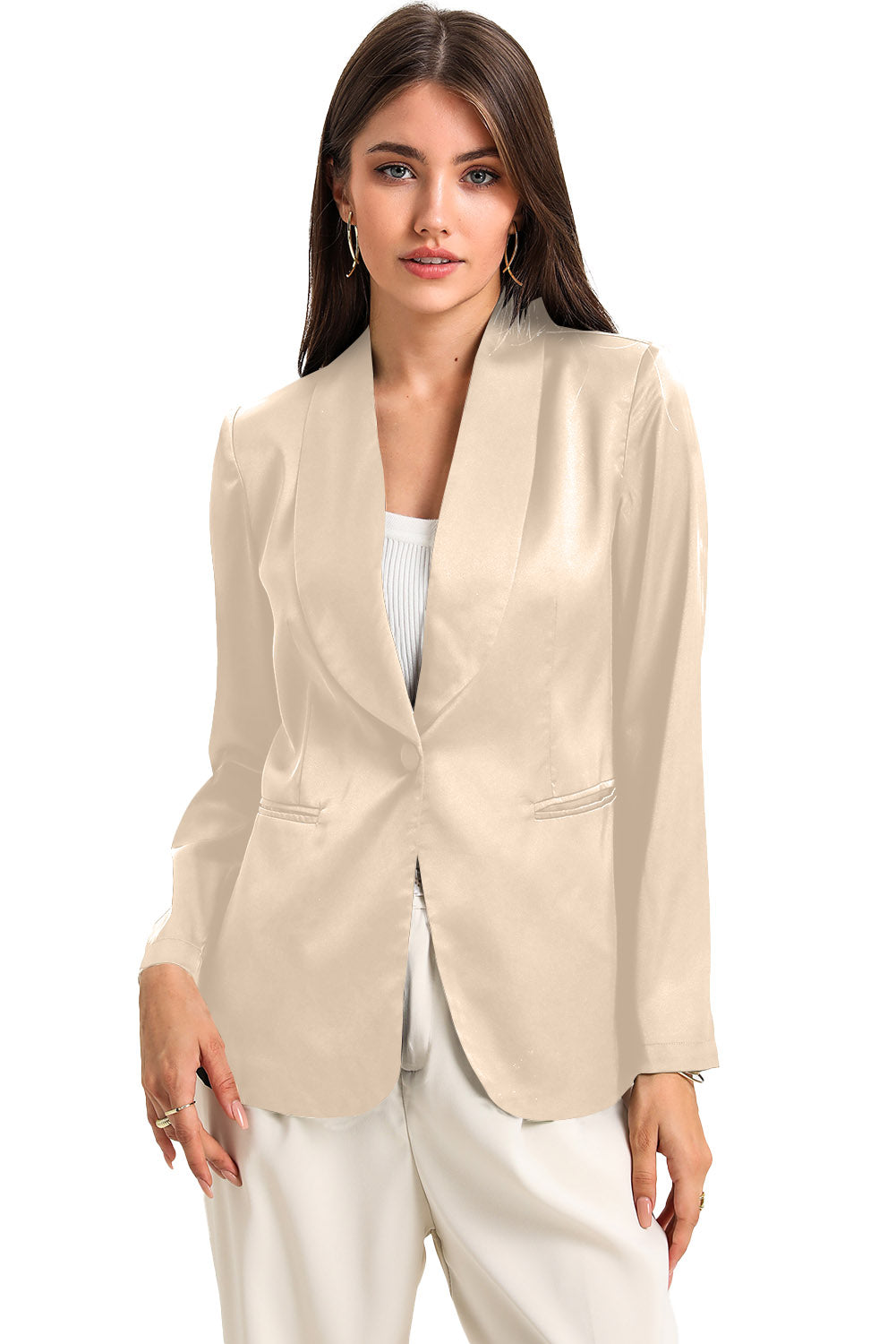 Elegant apricot blazer with collared neck and pockets