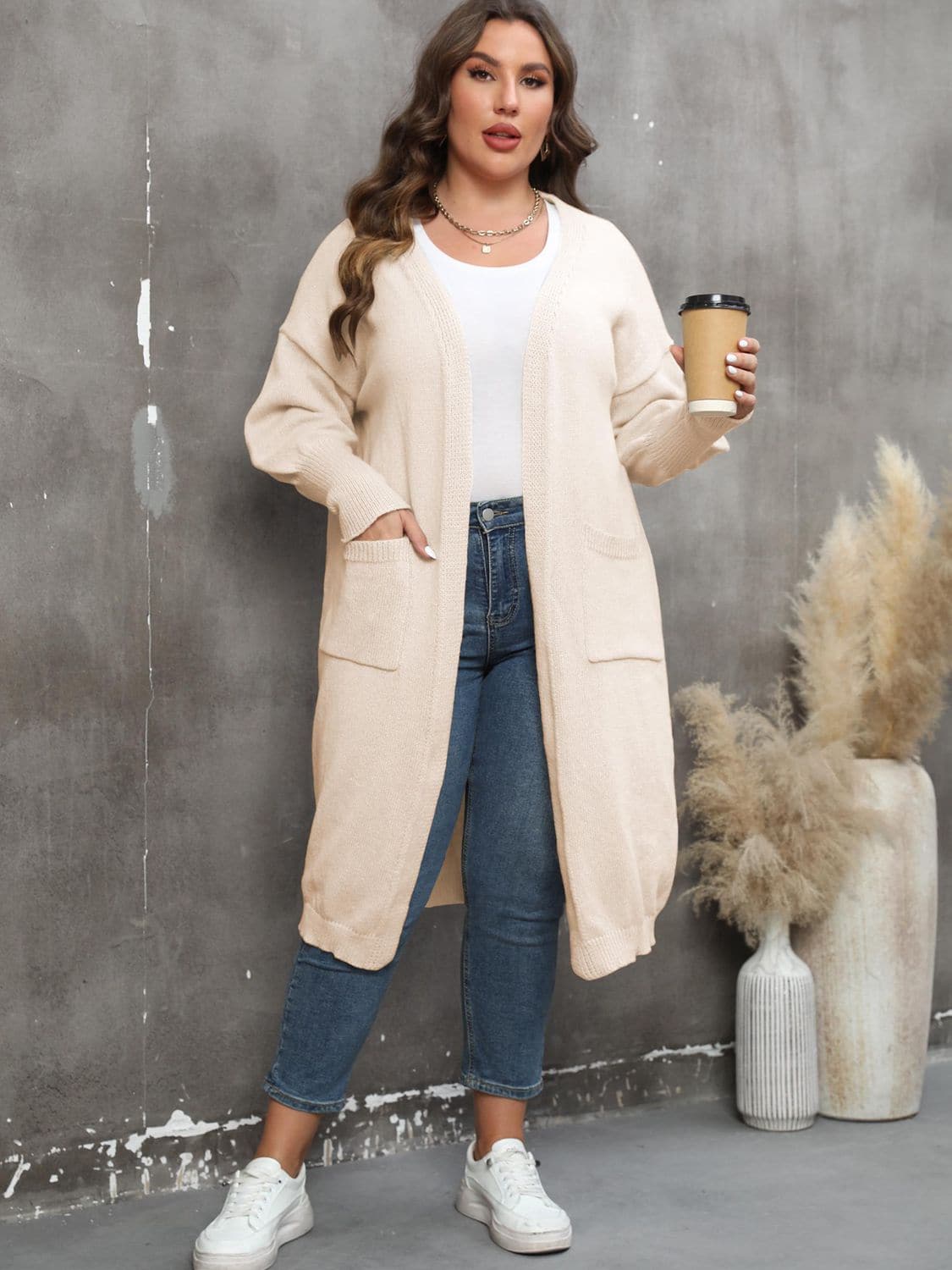 Plus Size Long Sleeve Pocketed Cardigan.