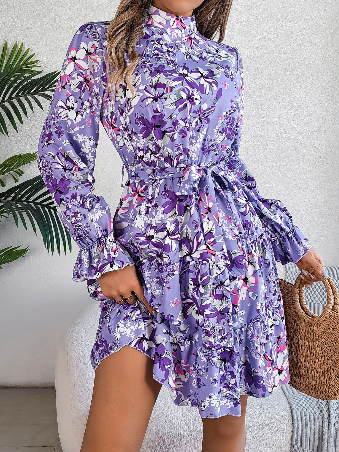 Printed Mock Neck Flounce Sleeve Mini Dress.