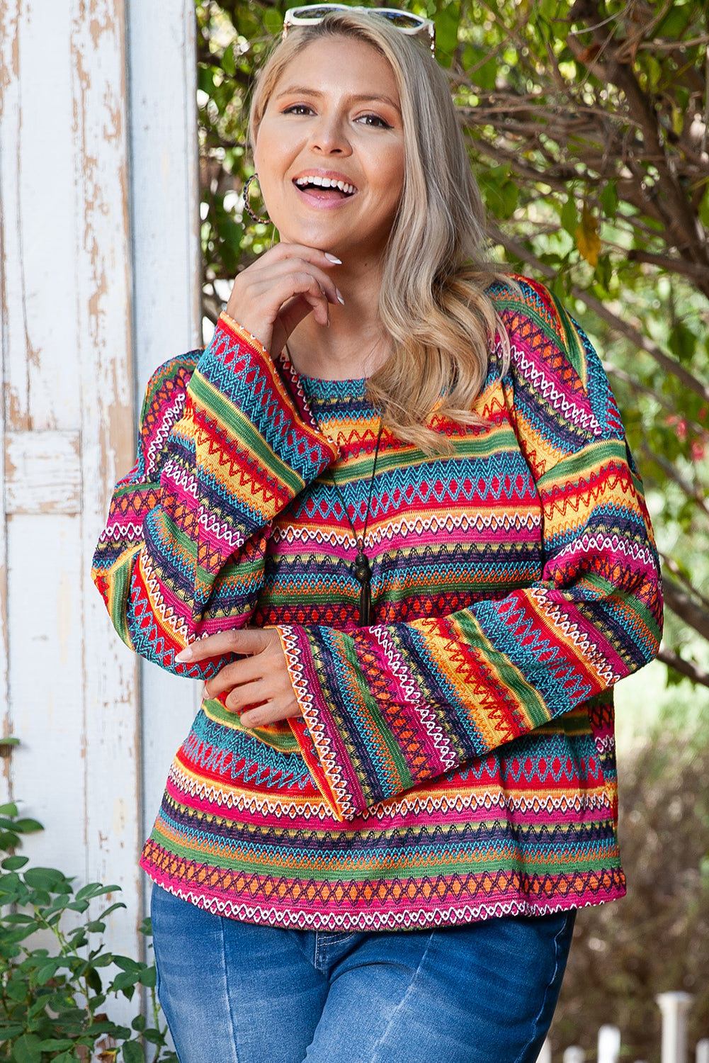 Vibrant red boho striped long sleeve plus size top