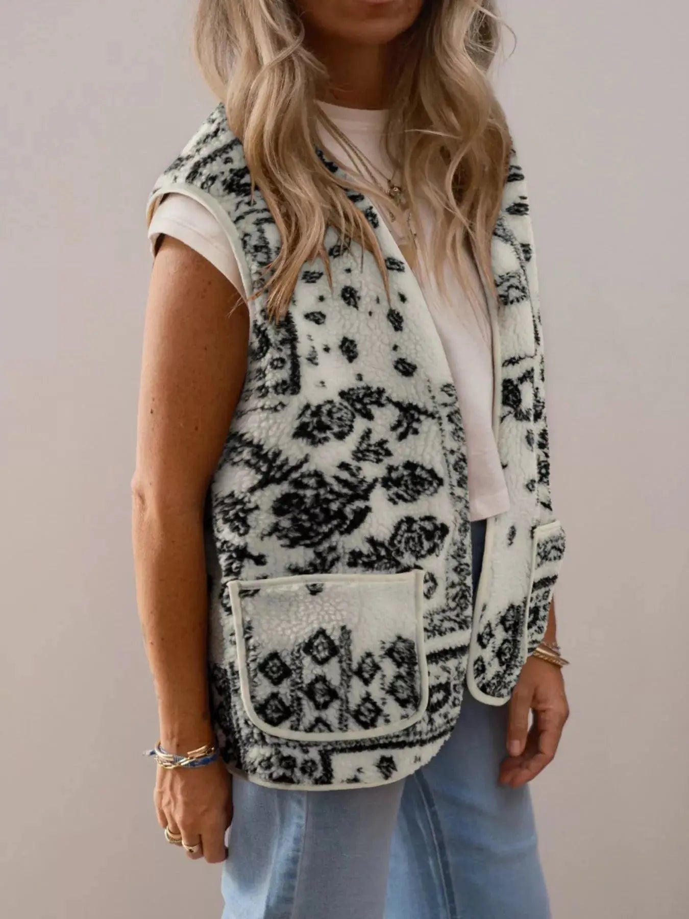 Sherpa Paisley Print Pocketed Western Fashion Vest Jacket Simply Love