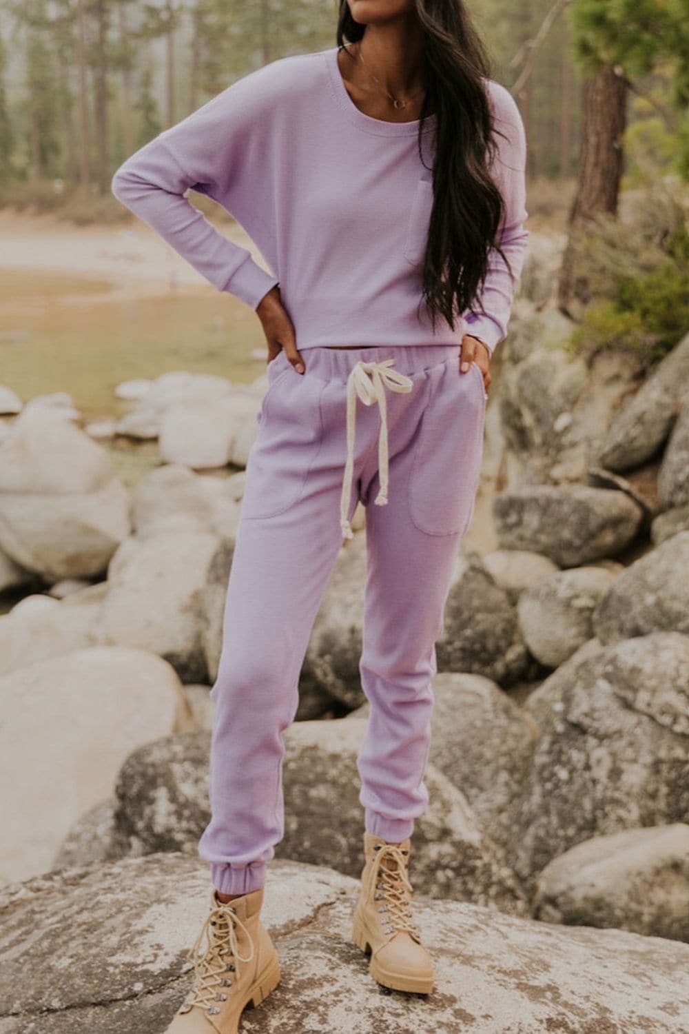 Waffle Knit Long Sleeve Top and Drawstring Pants Set.