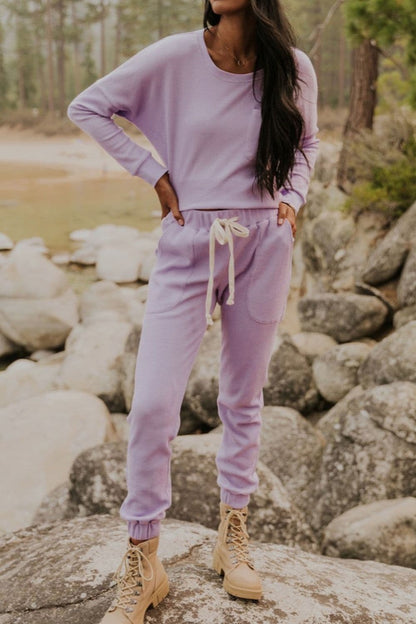 Waffle Knit Long Sleeve Top and Drawstring Pants Set.