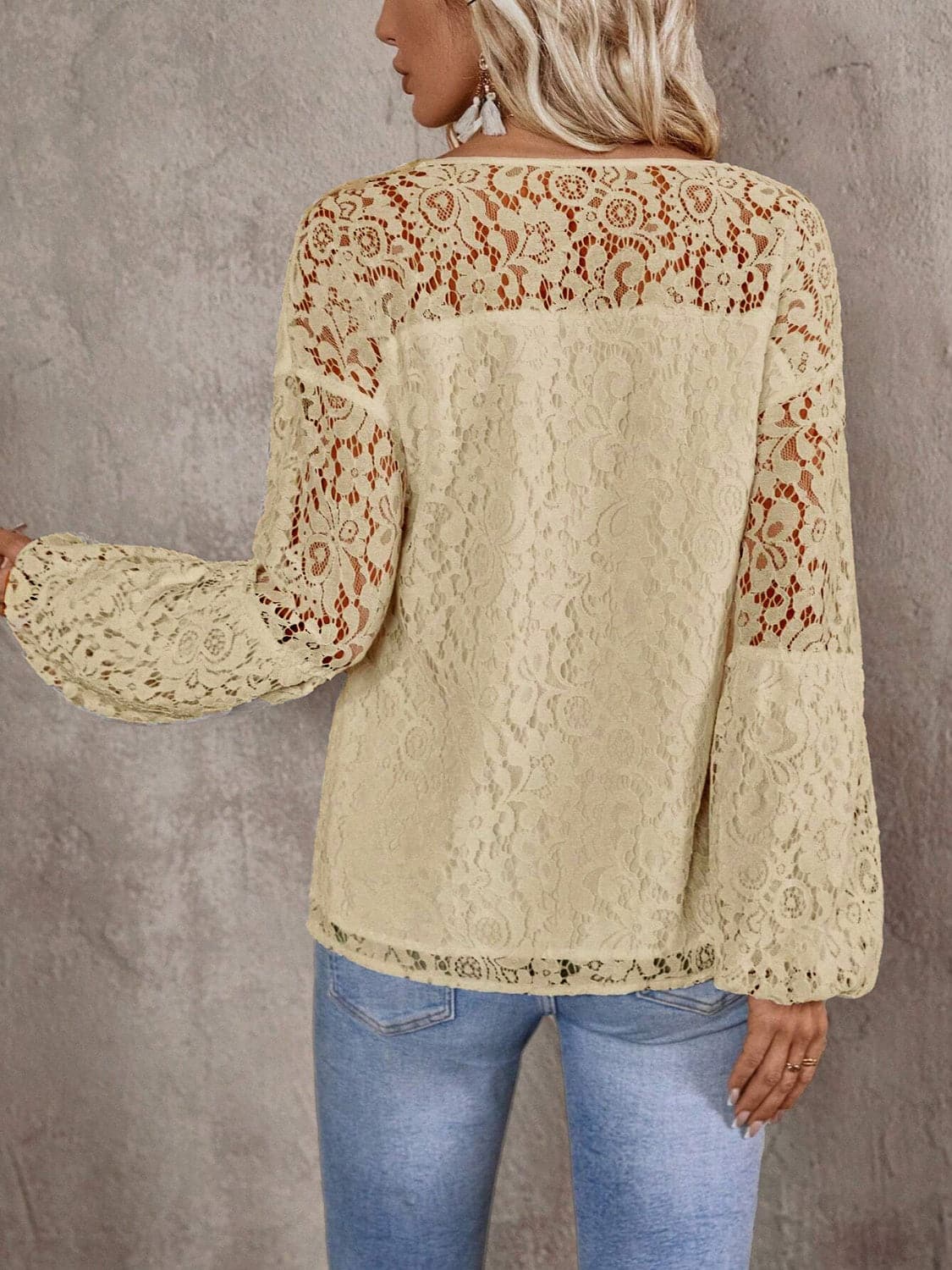 Lace Tie Neck Long Sleeve Blouse.