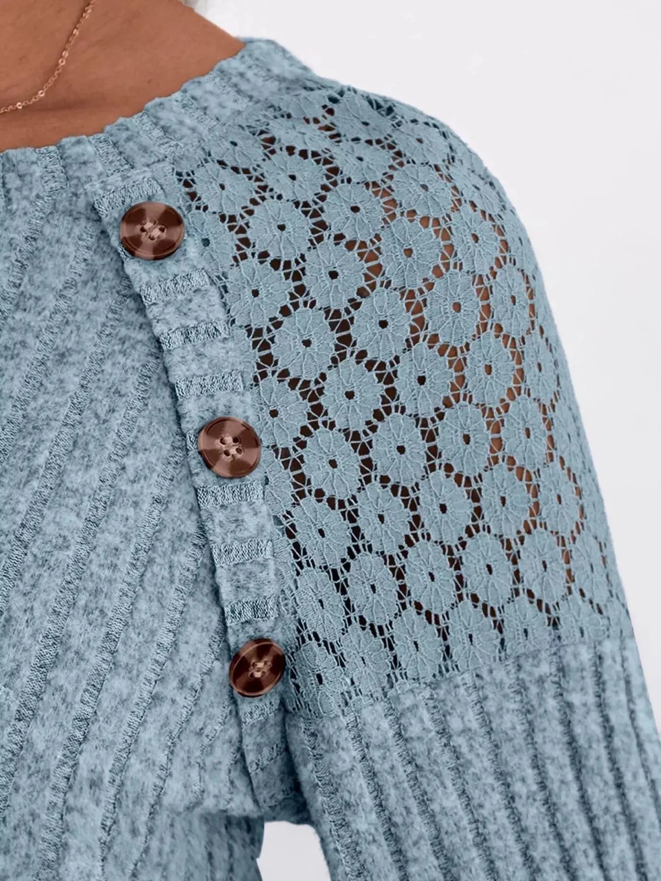 Ribbed Knit T-Shirt with Lace Shoulder Detail Simply Love