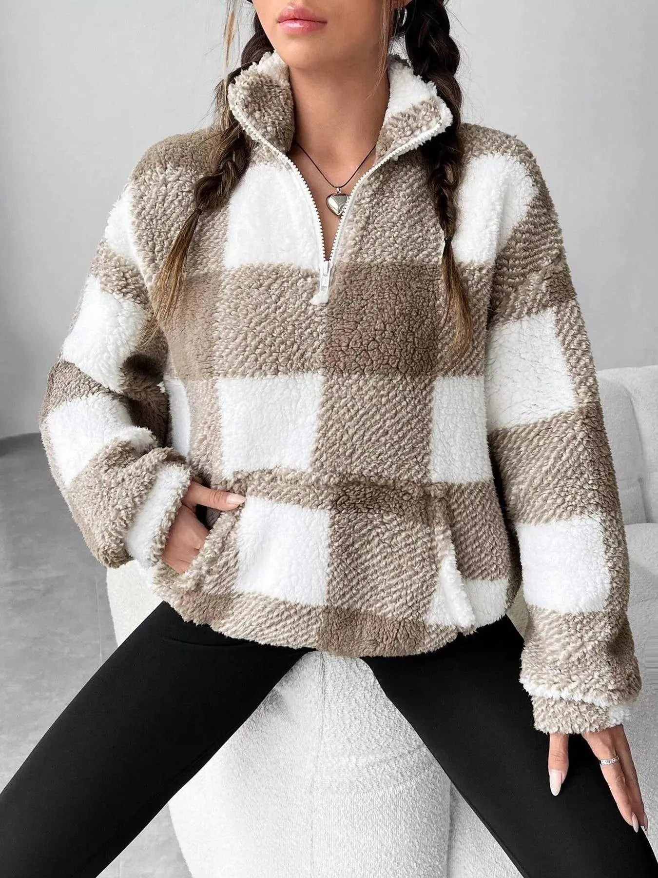 Full Size Plaid Sherpa Long Sleeve Sweatshirt Plus Size Simply Love