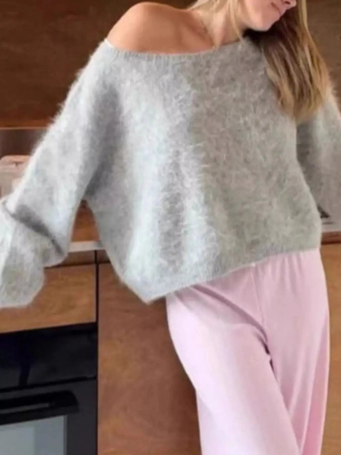 Fuzzy One Shoulder Oversized Pink Acrylic Knit Sweater Simply Love