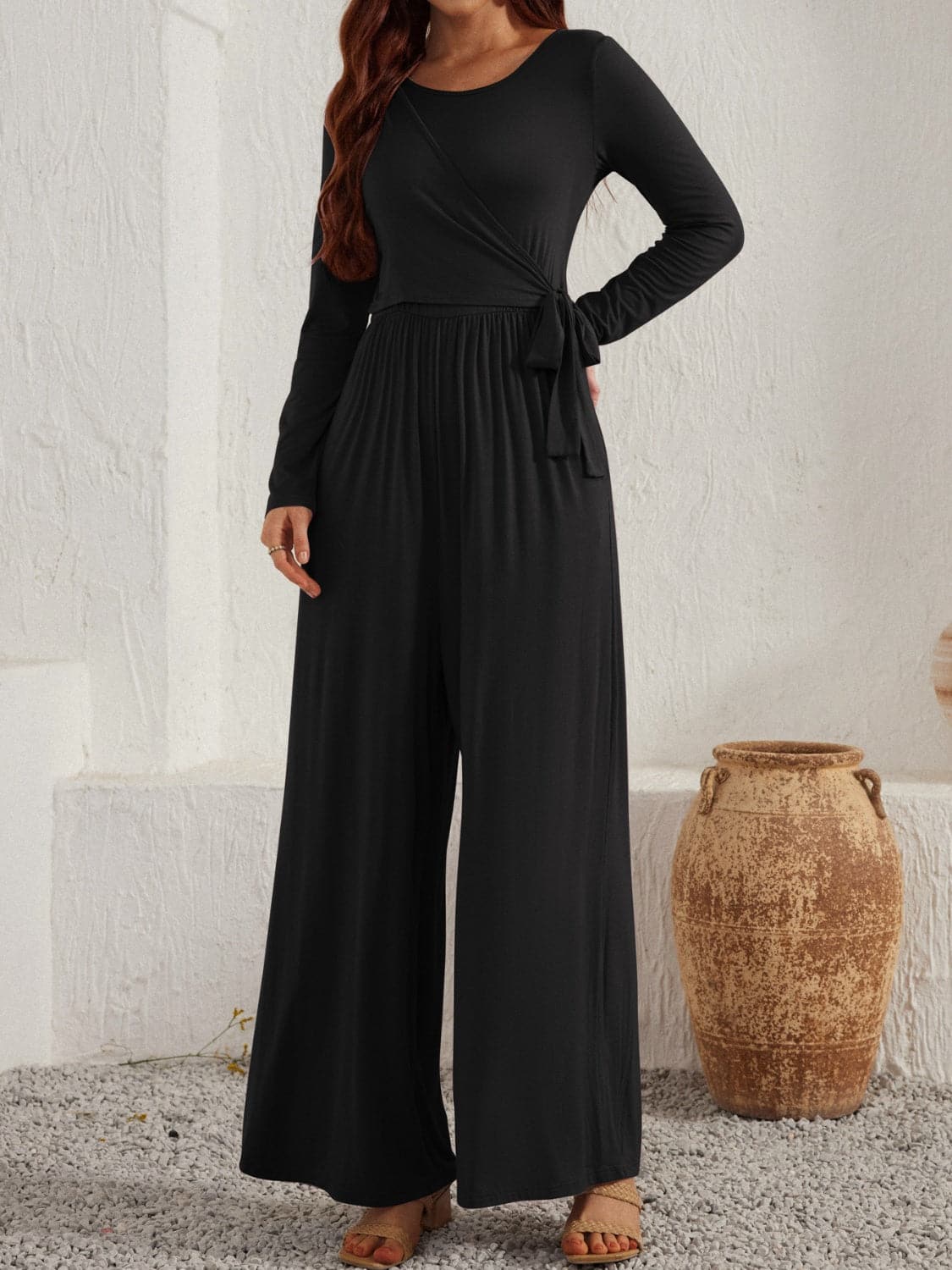 Chic tied neck long sleeve jumpsuit with pockets