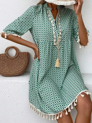 Tassel Printed Notched Half Sleeve Mini Dress.