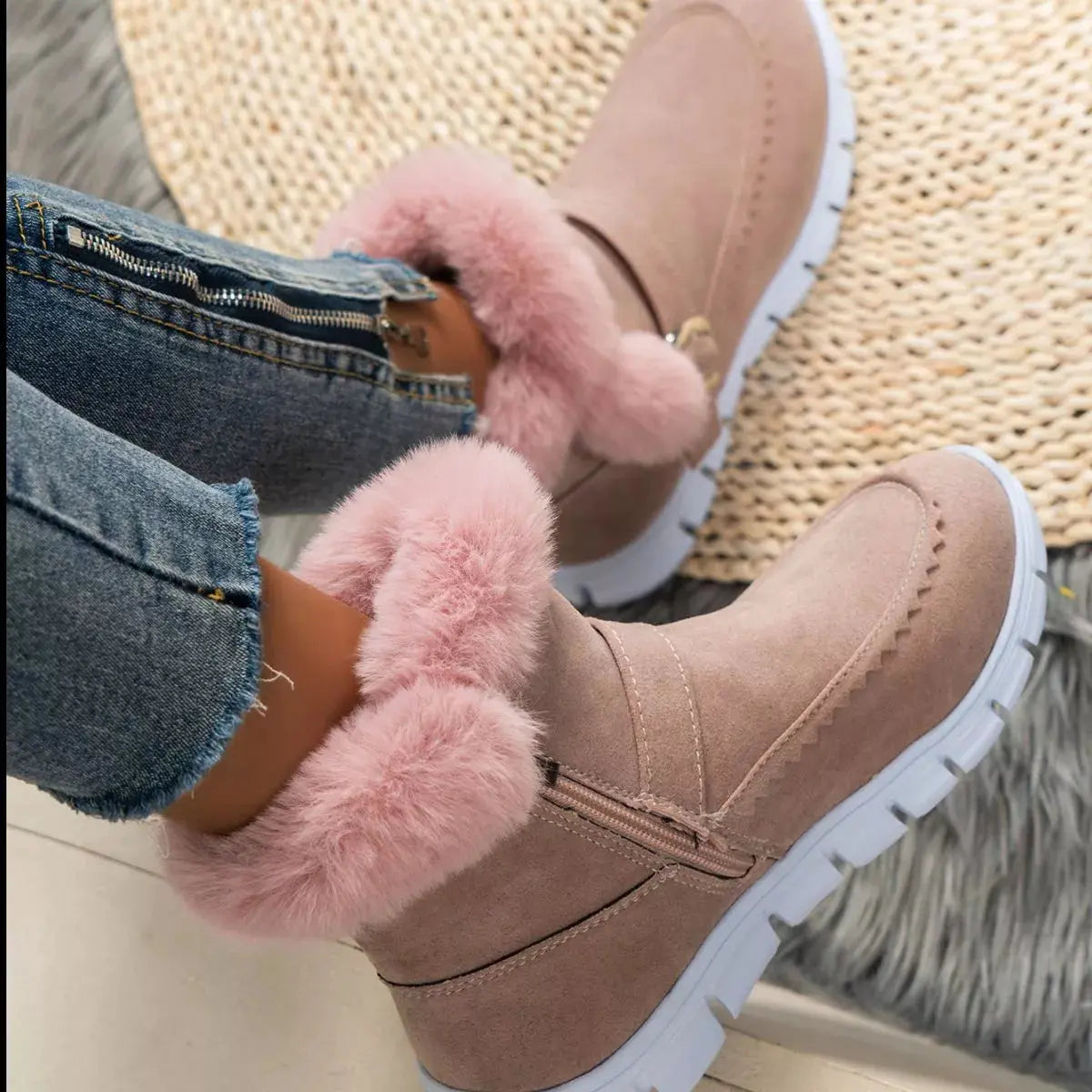 Fuzzy Trim Buckle Ankle Boots With Faux Fur Lining Simply Love