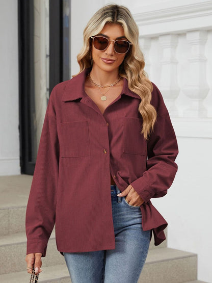 Chic Buttoned Long Sleeve Jacket with Dropped Shoulders