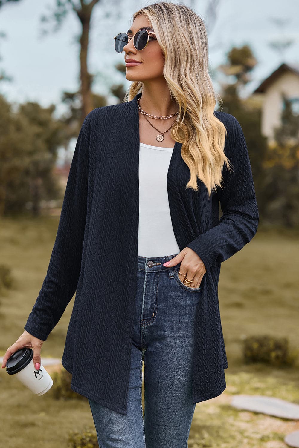 Textured Open Front Long Sleeve Cardigan.