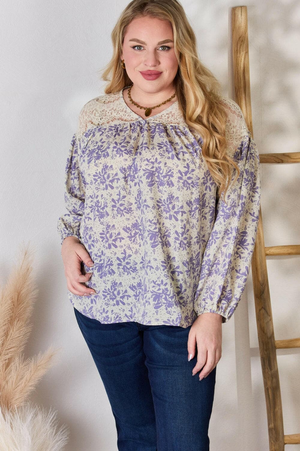 Hailey & Co Full Size Lace Detail Printed BlouseExperience Elegance and Style
 The Hailey &amp; Co Full Size Lace Detail Printed Blouse is the perfect combination of delicate lace accents and vibrant prints, makinLove Salve Full Size Lace Detail Printed BlouseBlouses