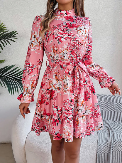 Printed Mock Neck Flounce Sleeve Mini Dress.