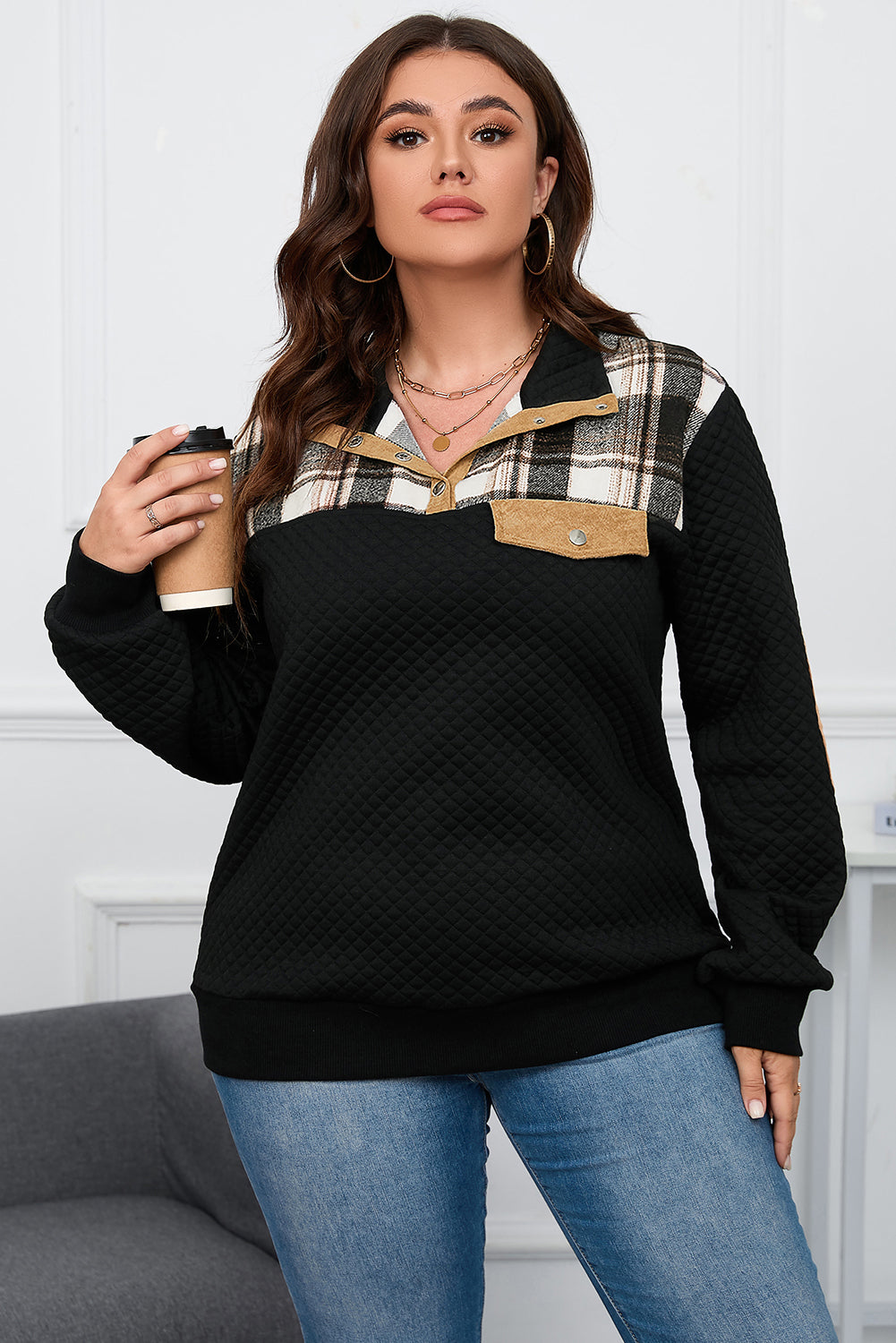 Cozy black plus size quilted plaid patch henley sweatshirt