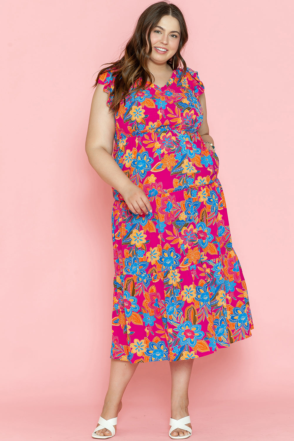 Vibrant red floral ruffled plus size maxi dress