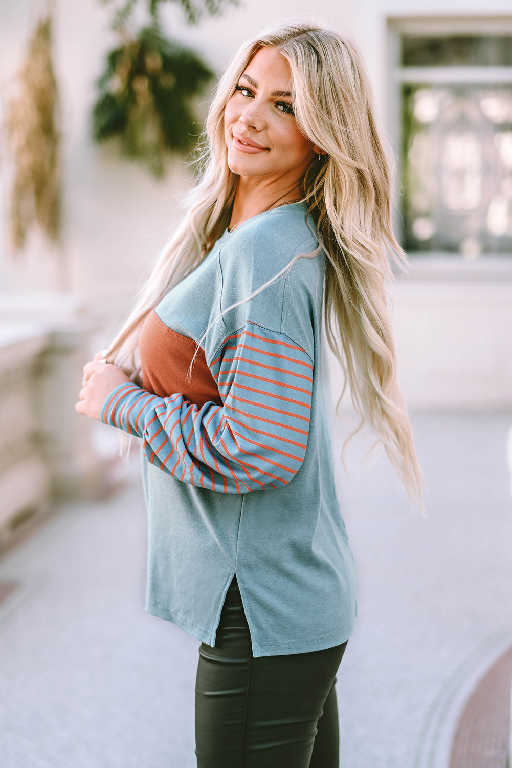 Chic green colorblock striped top with bishop sleeves