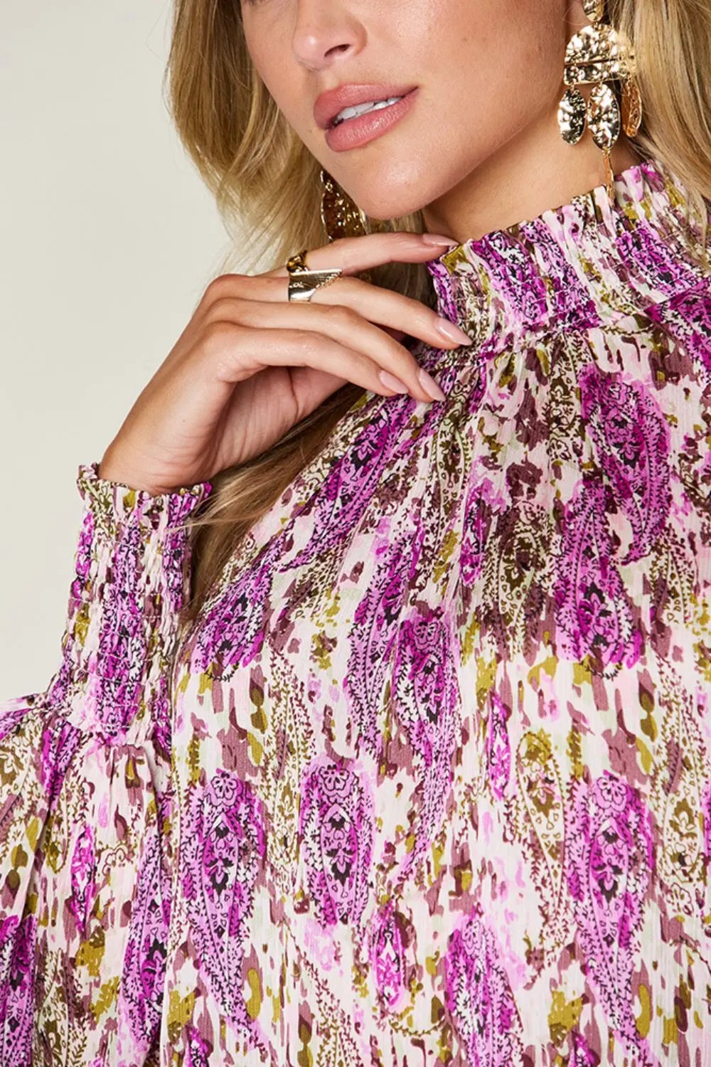 Double Take Full Size Printed Smocked Long Sleeve Blouse - Love Salve